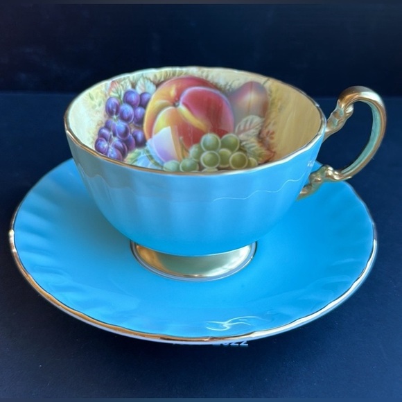 Aynsley England Turquoise Orchard Fruit Gold Trim Tea Cup and Saucer Set EUC - Picture 11 of 11